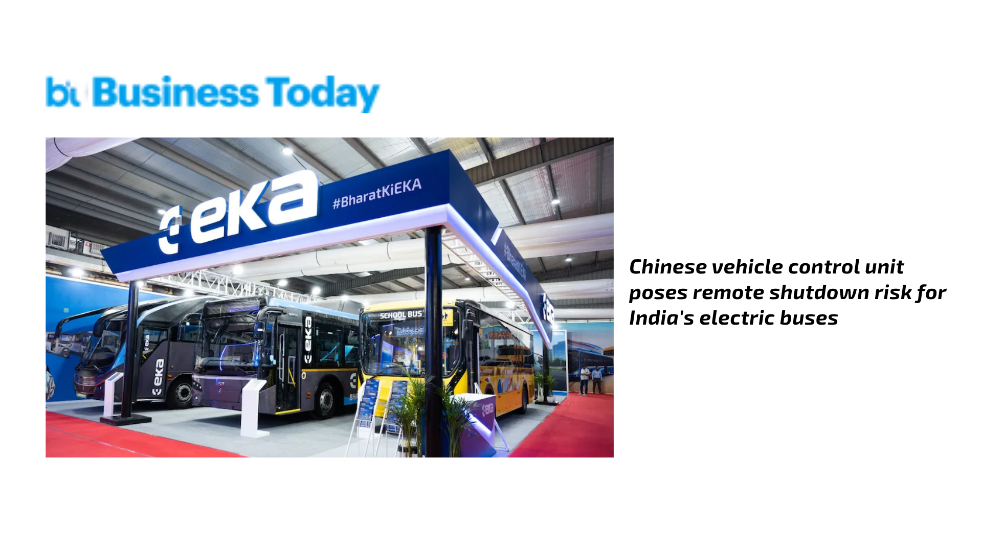 EKA electric buses displayed under company branding at manufacturing facility